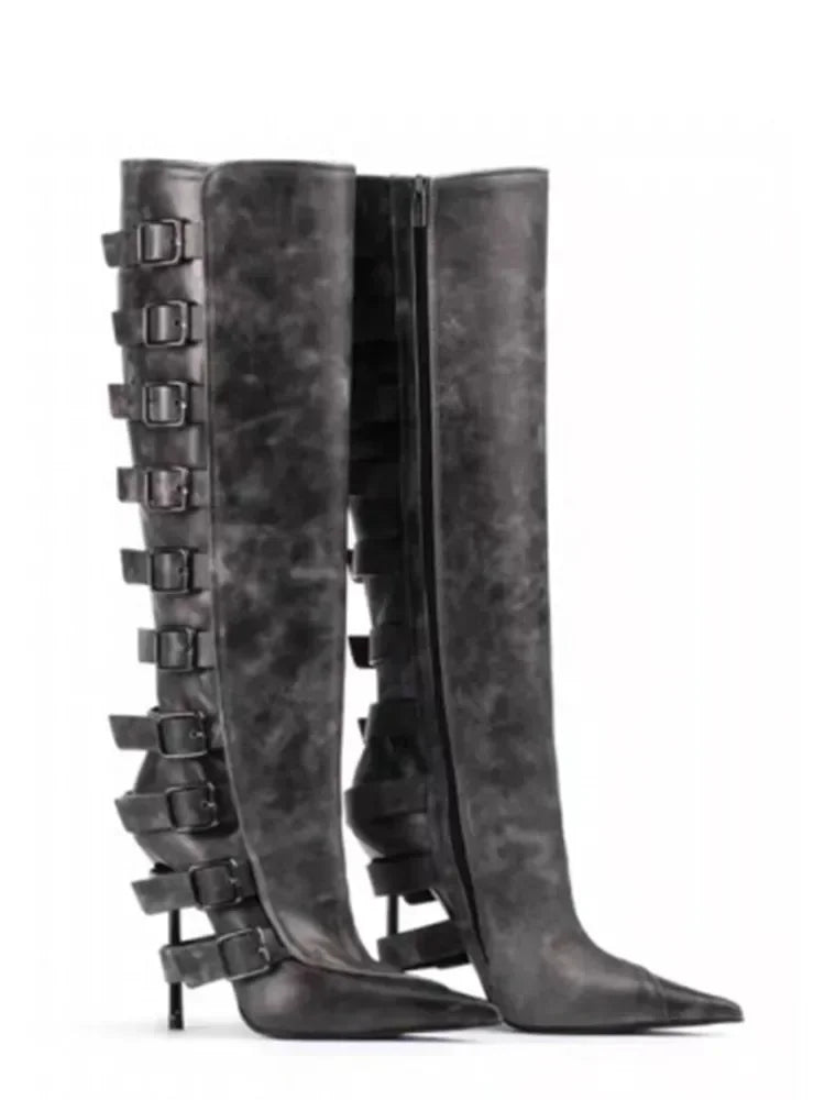 2026 New Belt Buckle Stiletto High Heels Knee Length Boots Autumn/Winter Women's Fashion Pointed Party 34-46 Large Medium Boots