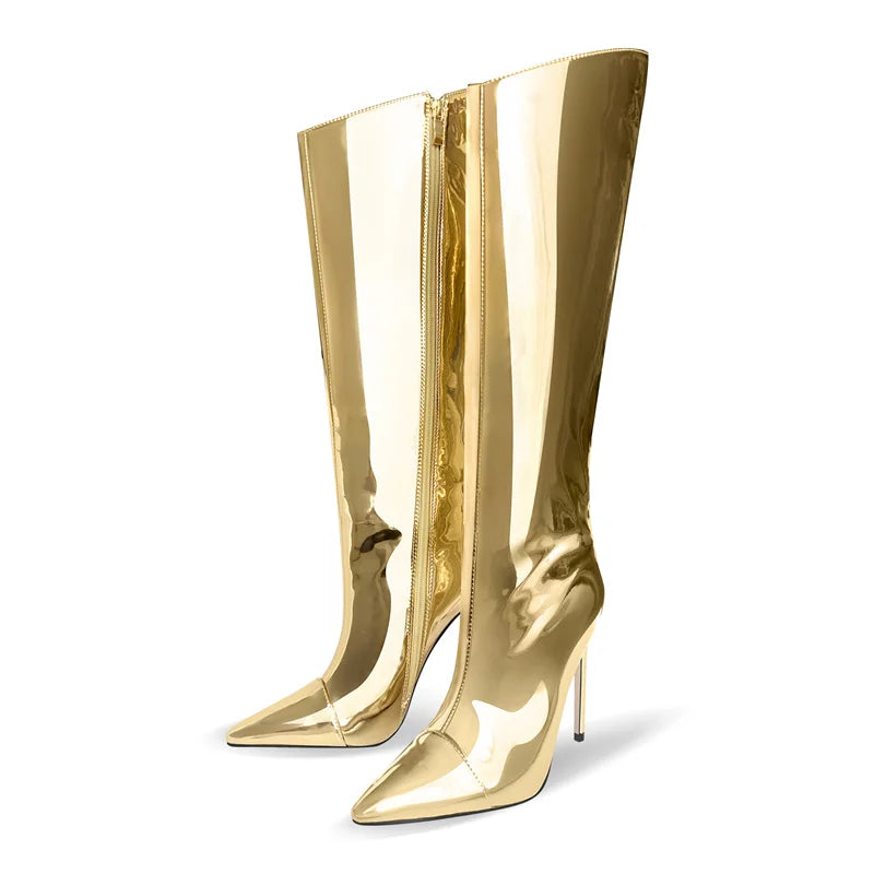 Onlymaker Women Stiletto Knee High Boots Metallic Purple Gold Patent Leather  Fashion Party Dress Thin Heels Fashion Boots