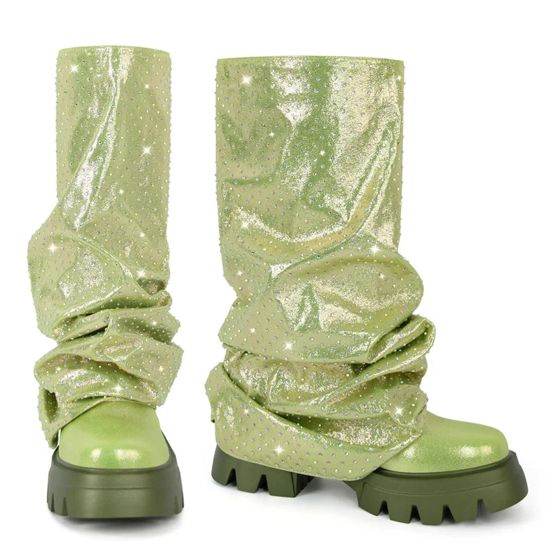 Women  Round Toe Fold Over Mid-Calf Webs Handmade Female Fashion  Pull On Slouch Boots