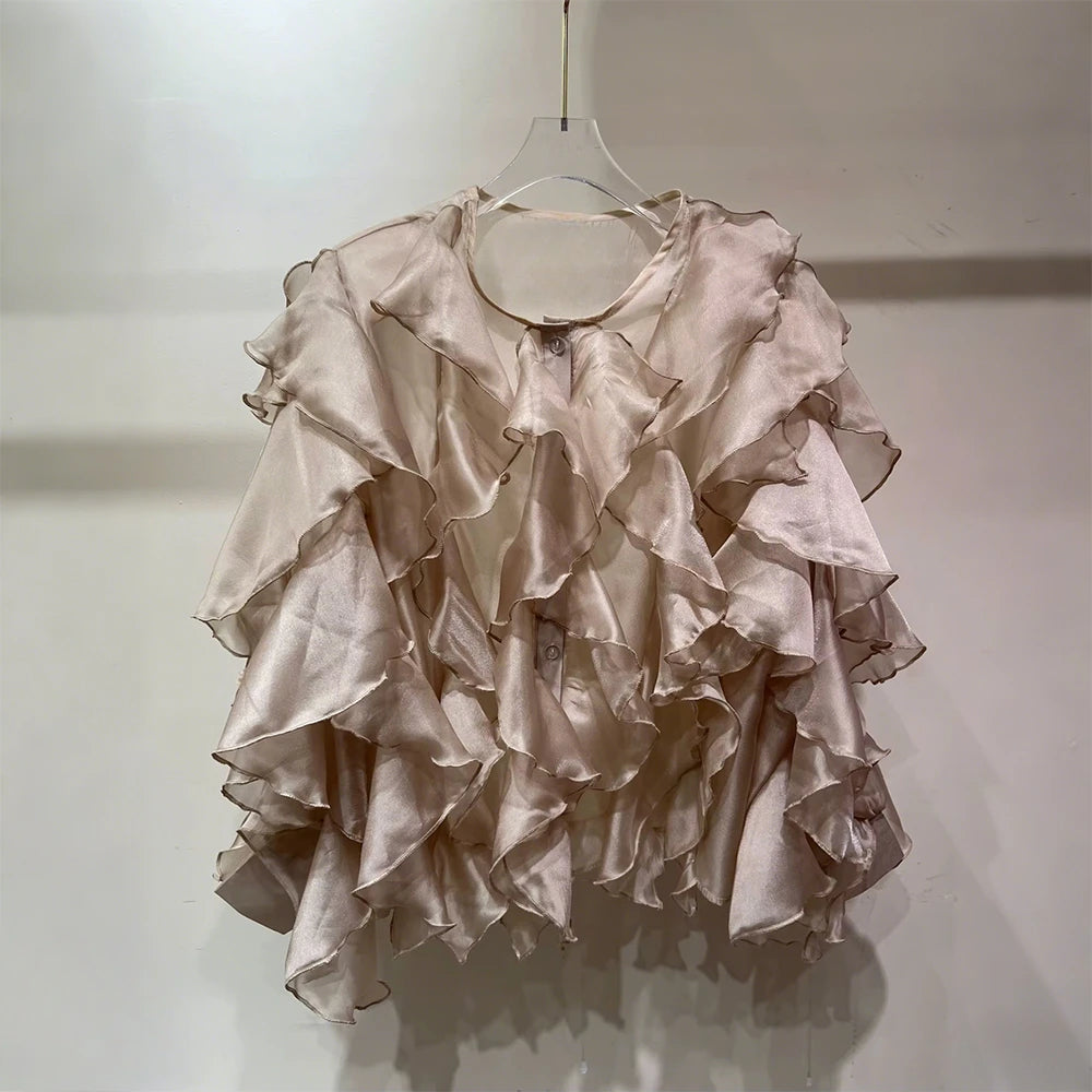 Chic Spliced Ruffles Solid Color Blouse for Women V Neck Long Sleeve Patchwork Sheer Design Loose Shirt Female Fashion Style