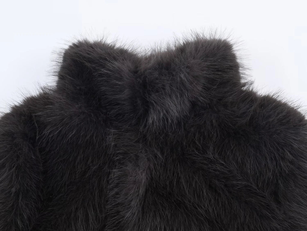 2025 Autumn New Product Women's Stand up Collar Long Sleeve Artificial Fur Effect Short Coat Rope Knot Coat