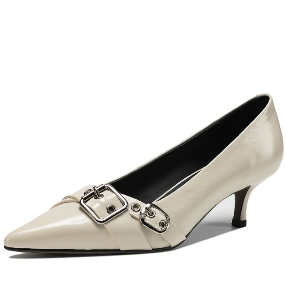 Handmade Genuine Leather Mid Heels Women Shoe Footwear Pointed Toe Party Ladies Shoes Buckle Strap Female Pump