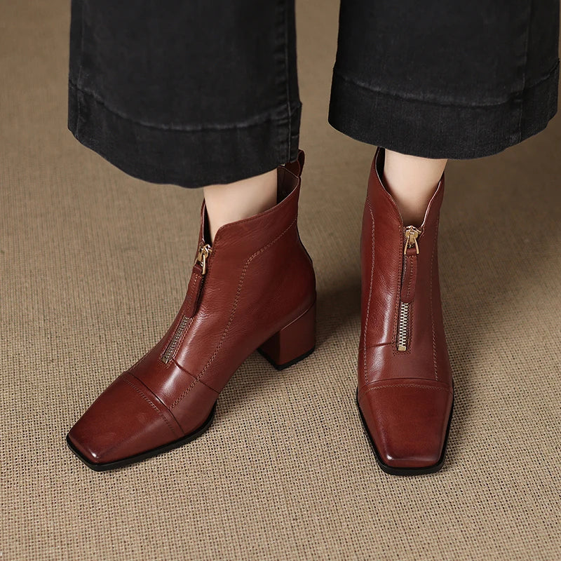 New Women Handmade Genuine Leather Soft comfortable High Heels Ankle Boots Square Toe Short Elegant Short 34-40