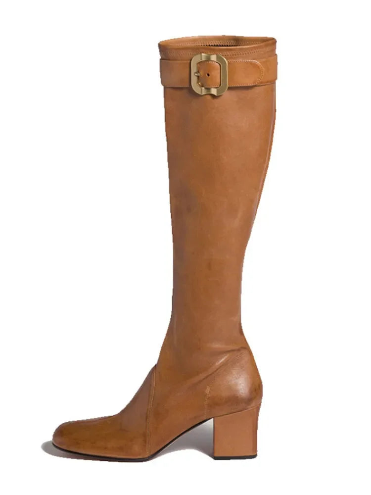 Women's New Thick High Heels Knee High Boots Autumn and Winter Round Toe Buckle Fashionable Mid Heel Boots Women's Short Boots