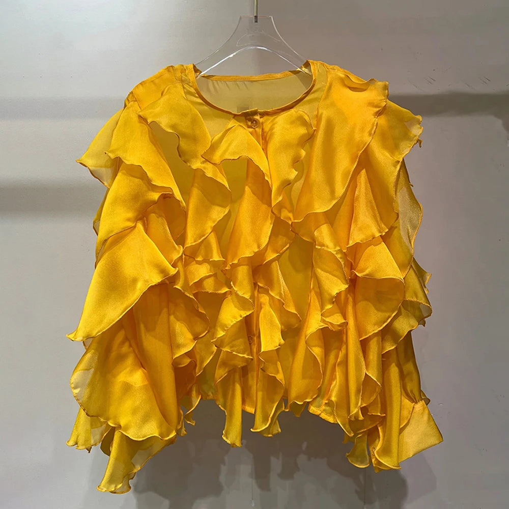 Chic Spliced Ruffles Solid Color Blouse for Women V Neck Long Sleeve Patchwork Sheer Design Loose Shirt Female Fashion Style