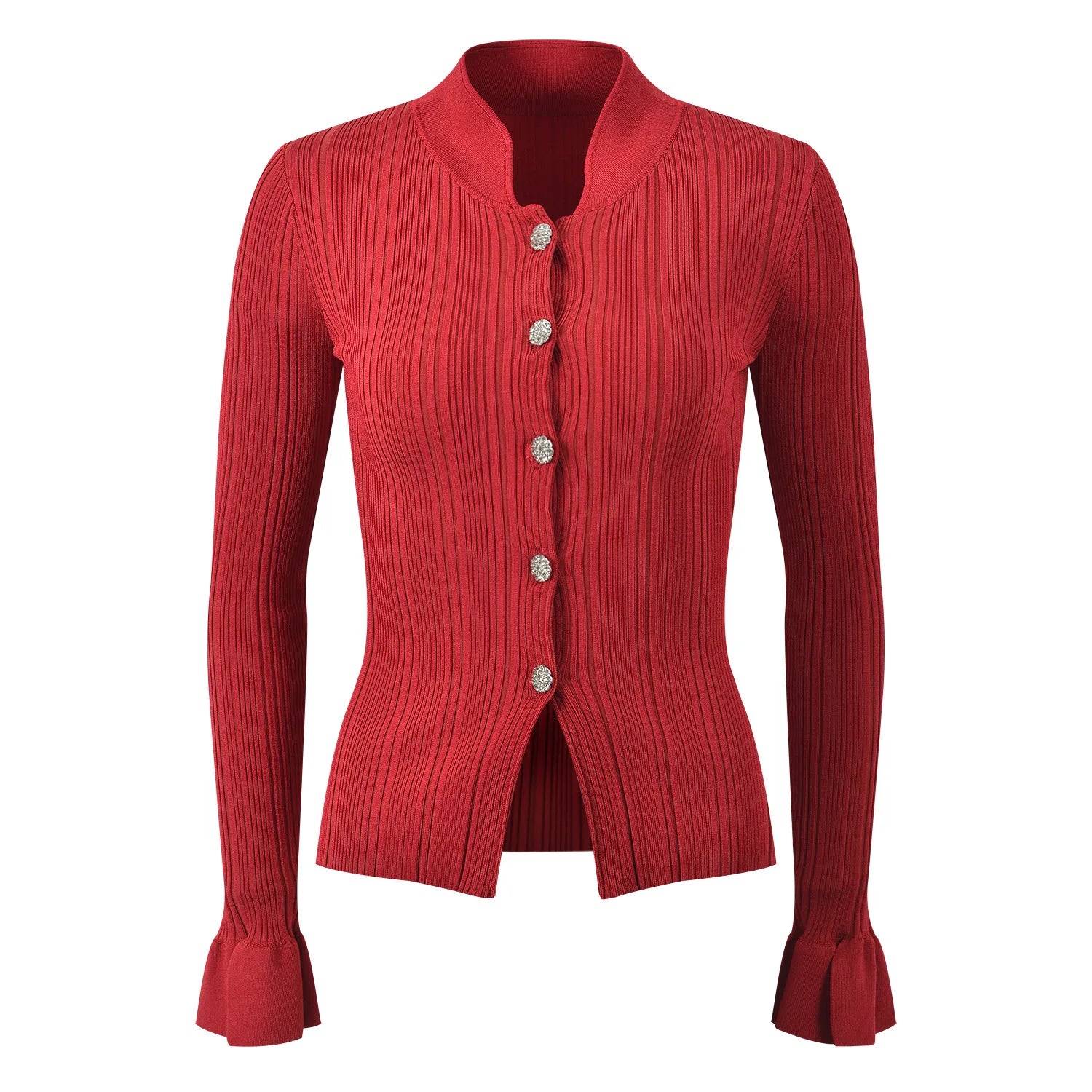 Red Stand Collar Women's Stretch Sweater Top Long