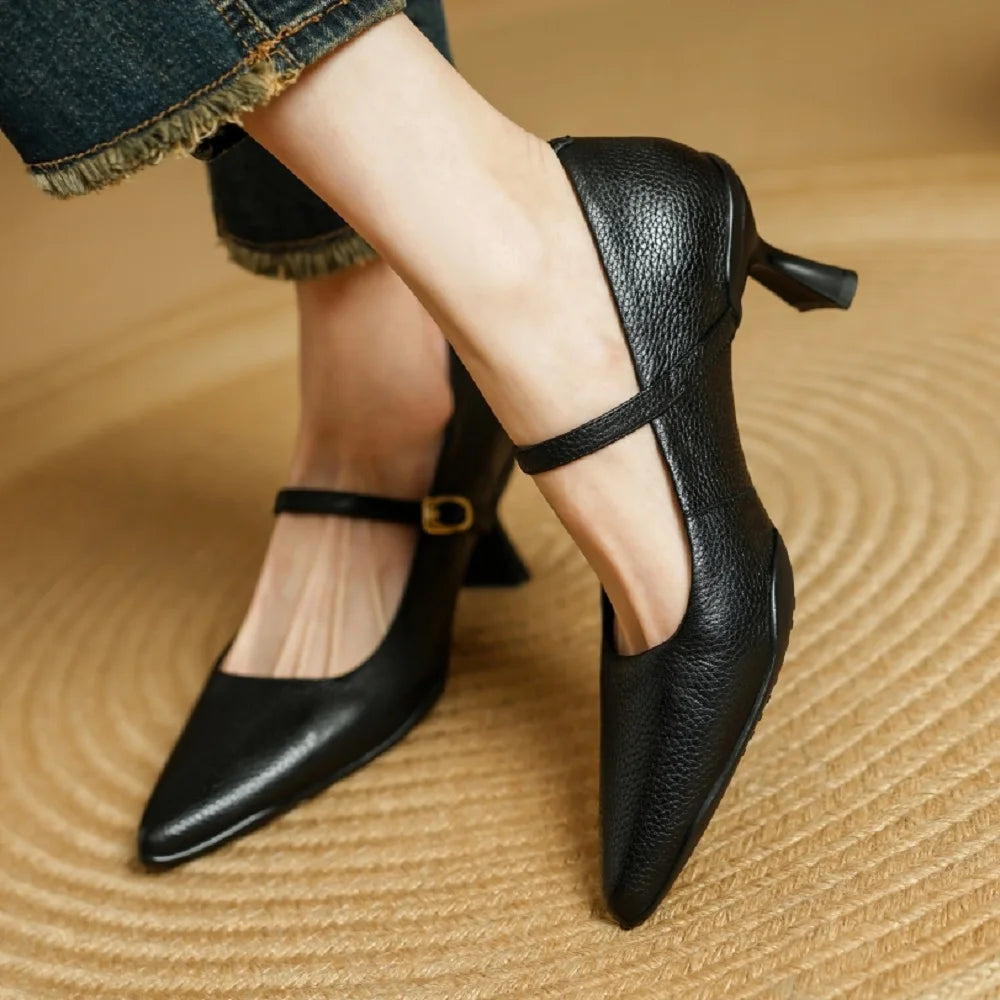 New Handmade Mid Heels Women Shoes Fashion Sexy Cow Leather Party Summer Pointed Toe Mary Jane Shoes Dress 34-40