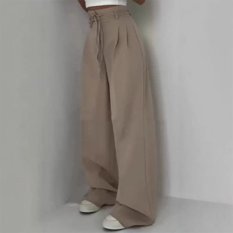 Fashion Y2K Wide Leg Long Pant For Women Elegant Elastic High Waist Double Drawstring Baggy Pant Office Lady Loose Suit Trousers