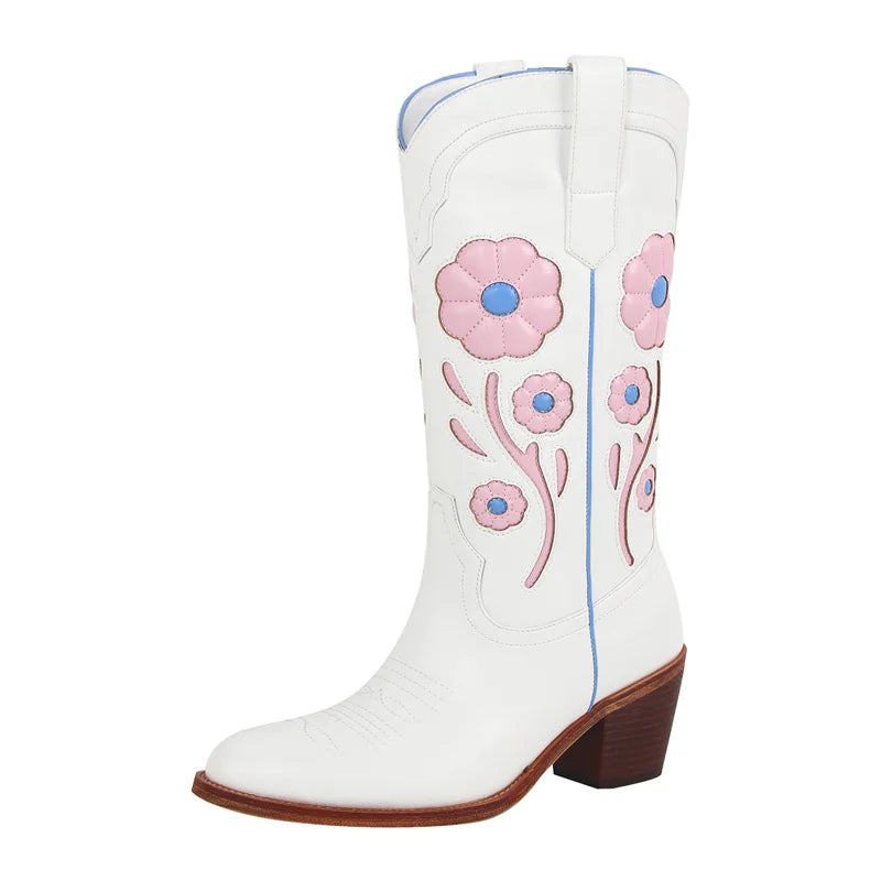 Onlymaker Women Pointed Toe Mid-Calf Boots  Western Flower Cowgirl Boots Comfy Pull-ON Big Size Cowboy Boots