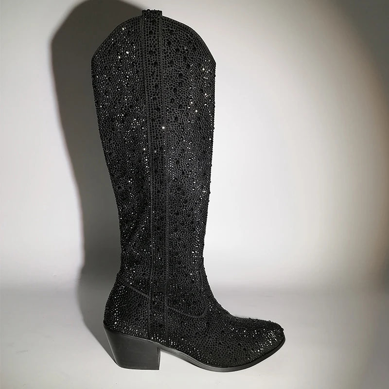 Onlymaker Women Rhinestone Boots Silver Knee High Western Cowgirl Boots Glitter Bling Shiny Pointed Toe Block Heel Lady Booties