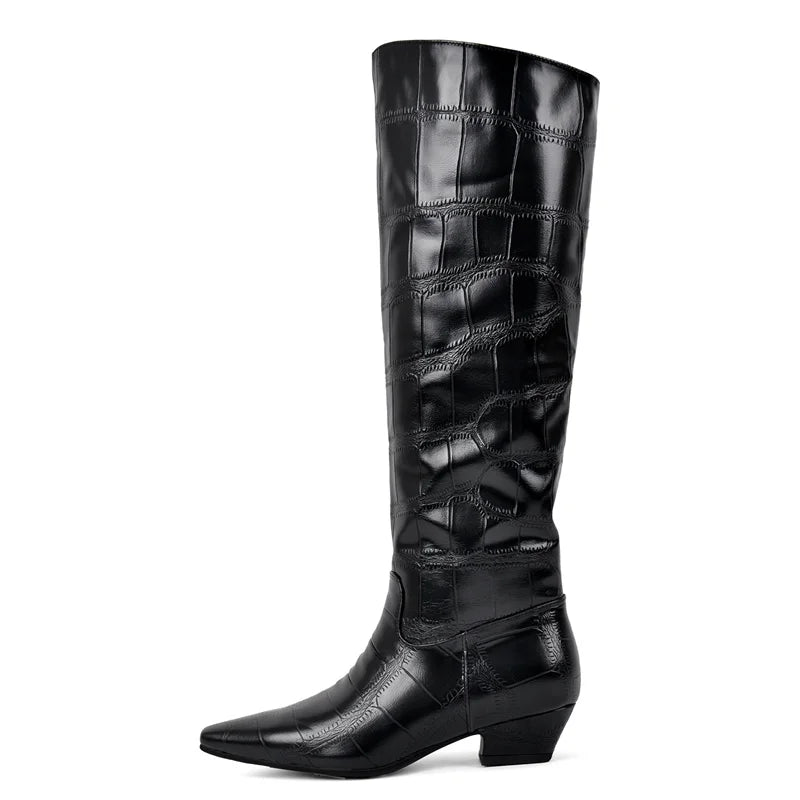 Onlymaker Women Pointed Toe Faux Leather Retro Western Cowgirl Boots Chunky Heel Pull on  Block Heel Boots