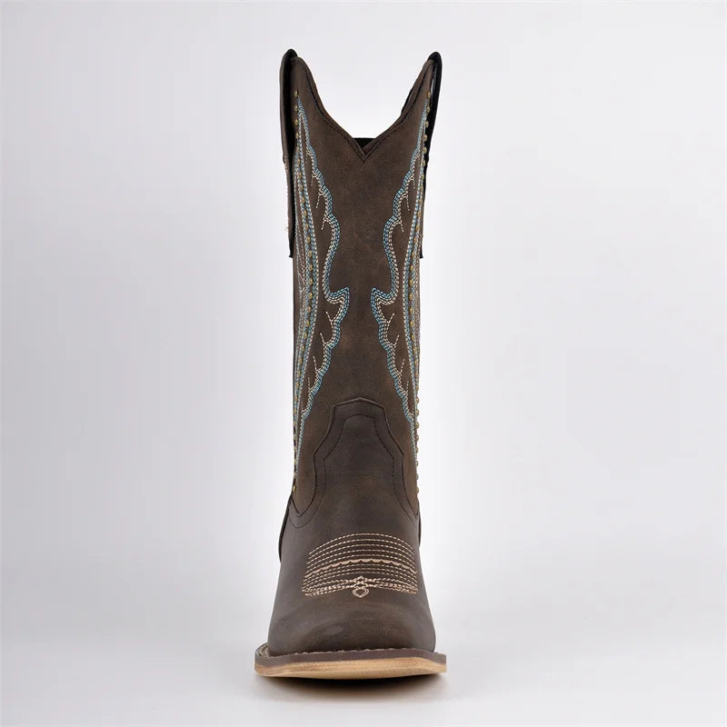 Onlymaker Women Square Toe Cowboy Boots  Wide Calf Cowgirl Boots Embroidered Western Work Boots