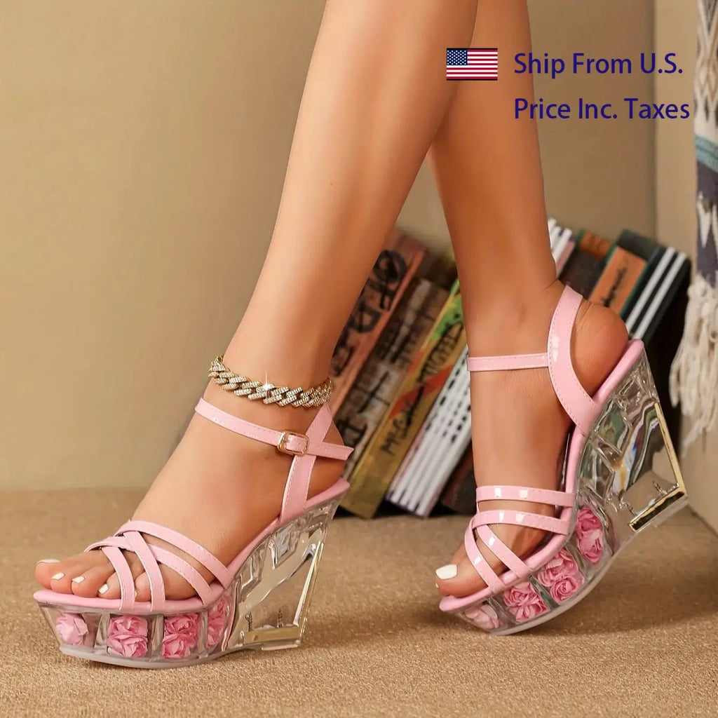 】Women's Wedge Sandals 11cm Platform Ankle Strap Slingback,