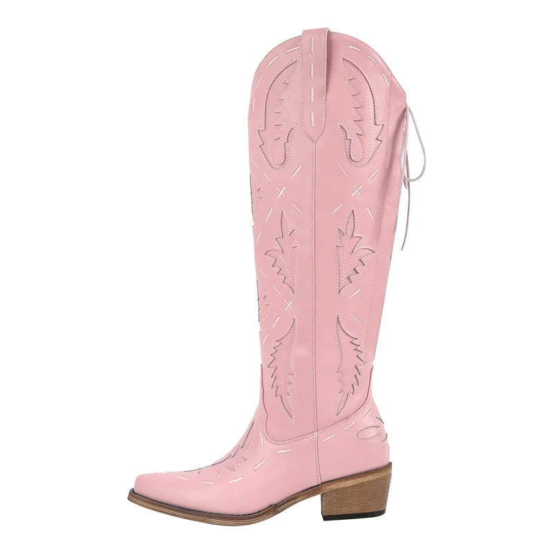 Onlymaker Women Cowgirl Boots Embroidery Lace-up Knee High Wide Calf Western Cowboy Boots