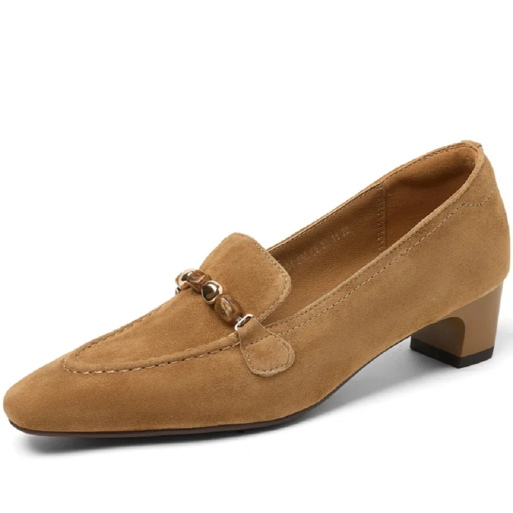 Women Handmade Suede Round Toe Vintage Metal Decoration Solid Color Casual Mid Hells Shoes Female 34-40