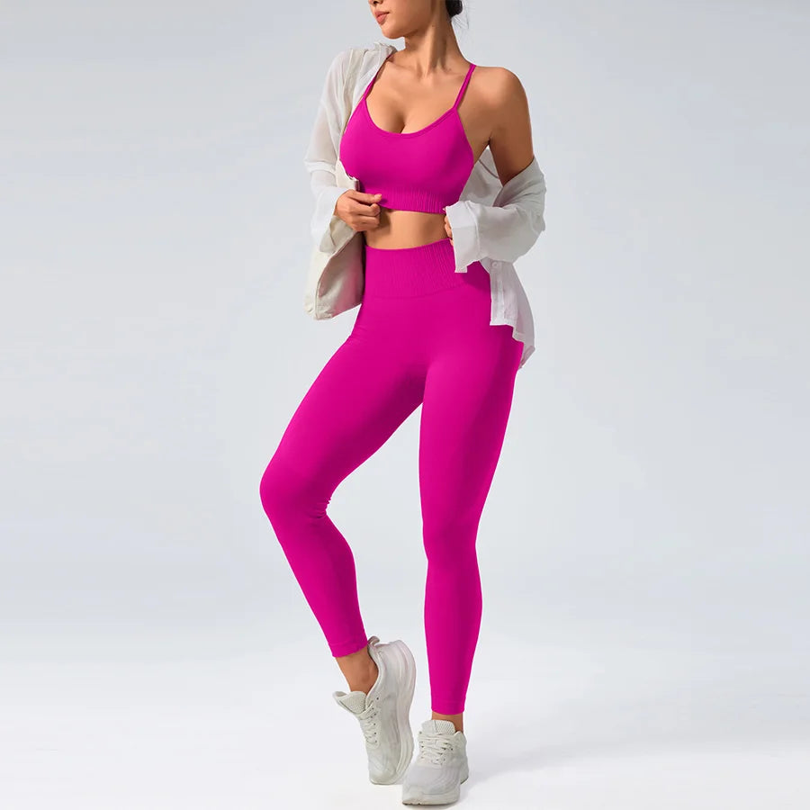 2 pcs/set Seamless Tight Pants Set Rose Red Tank Top Outfit Women's Clothing Breathable  Trousers  Athleisure Fitness Pants