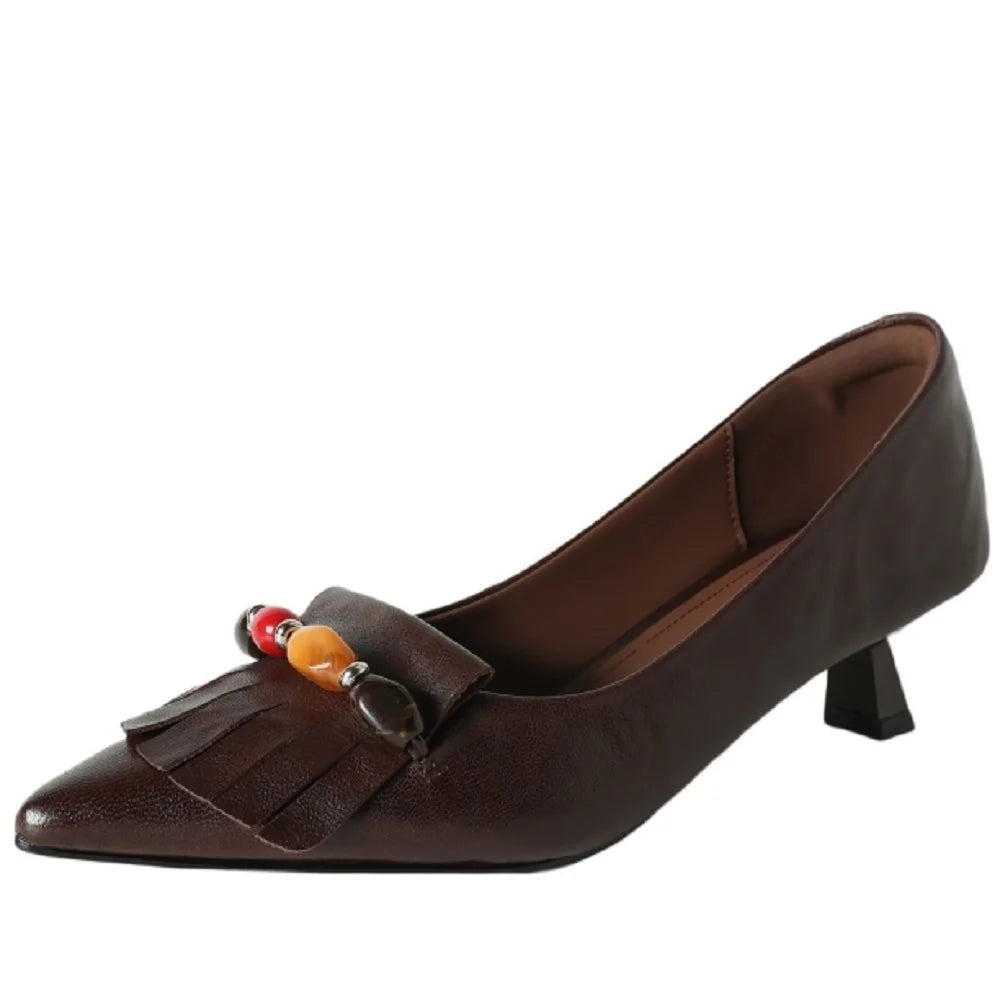Handmade Genuine Leather New Classic Retro Style Pointy Toe Design Women's Single Shoes Comfortable 34-40