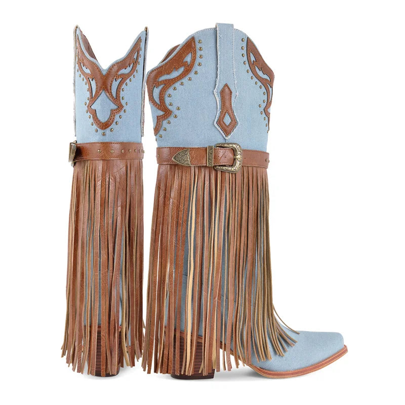 Onlymaker Women Pointed Toe Pull-on Knee High Fringe Boots Comfy Pull On Mid Calf Chunky Heel Embroidered Western Boots