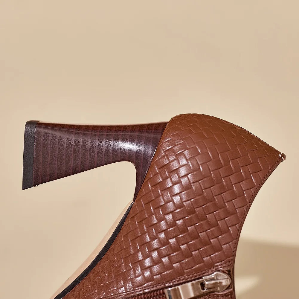 Handmade Genuine Leather Style Metal Head Anti-Collision Women's Shoe Deep Mouth Pointed Toe High Heels Seasonal