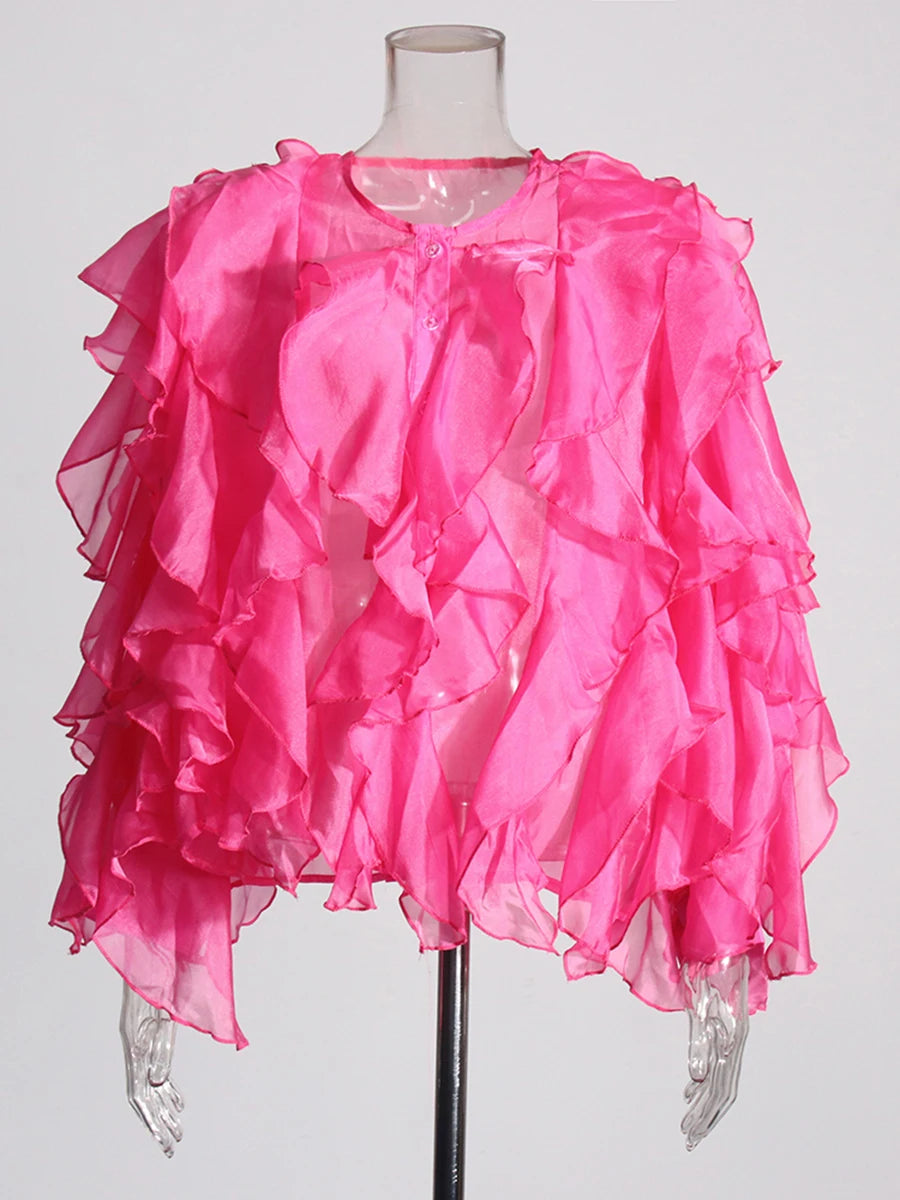 Chic Spliced Ruffles Solid Color Blouse for Women V Neck Long Sleeve Patchwork Sheer Design Loose Shirt Female Fashion Style