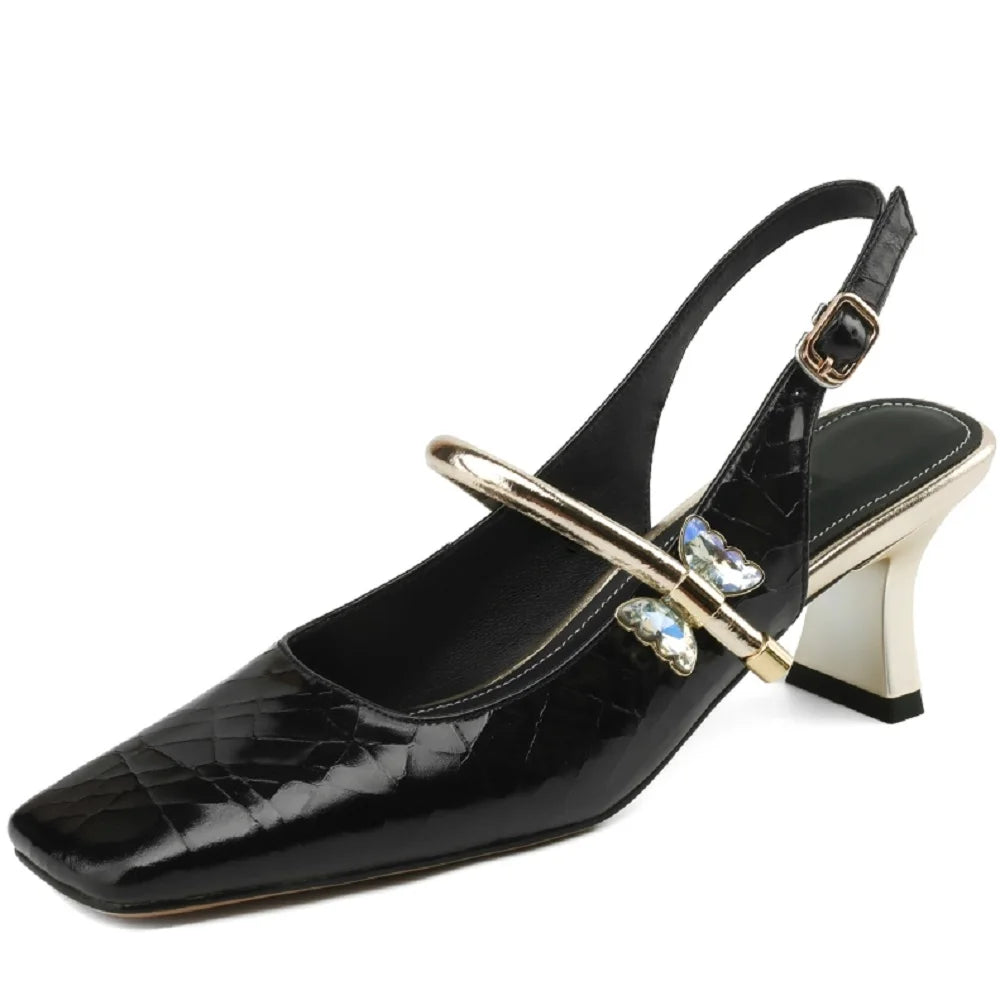 Women Brand High Heel Sandals Genuine Leather Square Toe Buckles Party Wedding Shoes Woman Elegant Pumps 33-43