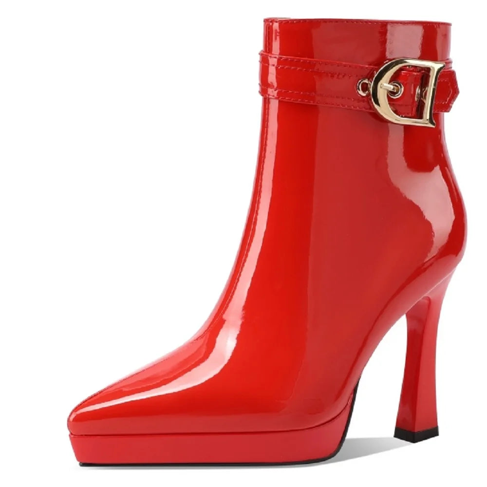 Women Handmade Genuine Leather Plush Platform Ankle Boot High Chunky Heels Office Ladies Buckle Zipper Short Boot