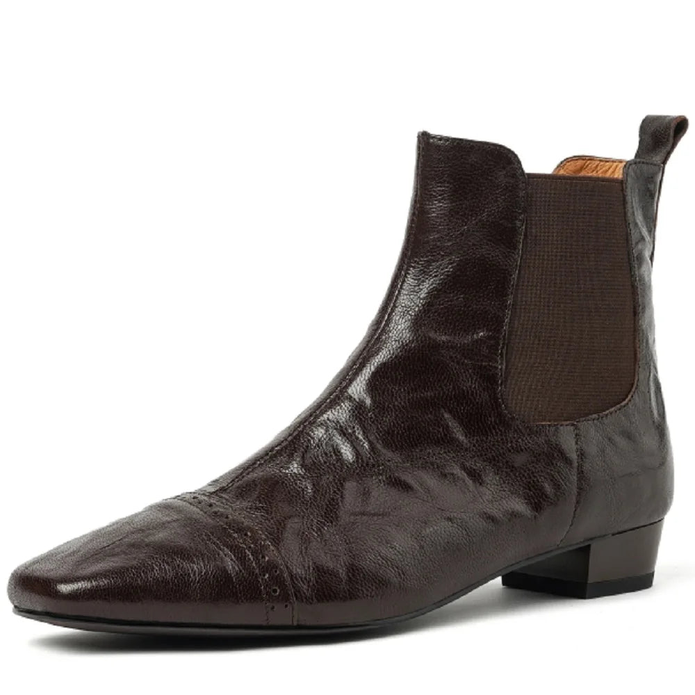 Handmade genuine leather elastic slip-on flats autumn ankle boots square toe casual female quality Chelsea 34-40