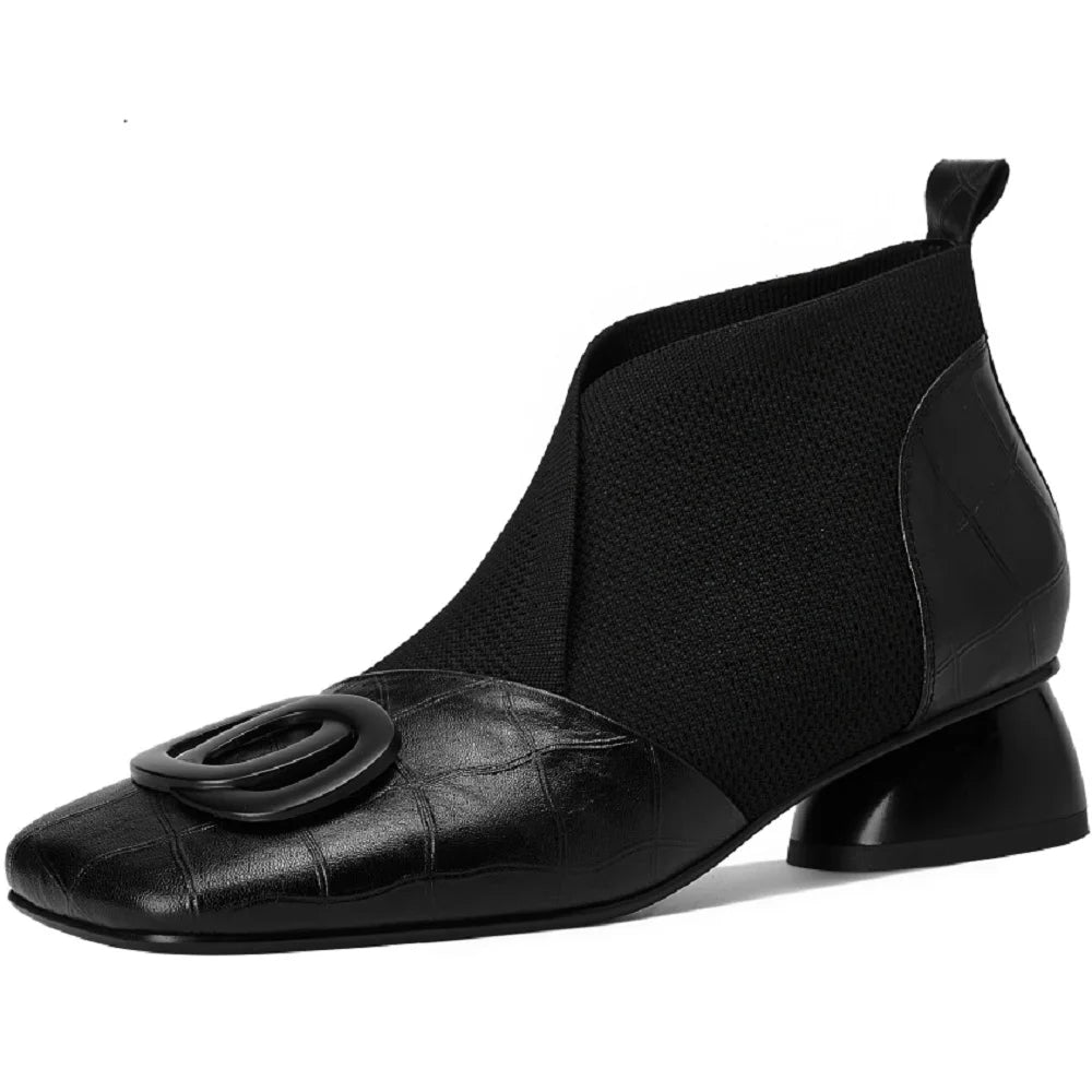 Handmade Brand Genuine Leather Women Ankle Boots Mid Heels Square toe Autumn Winter Dress Party Lady 34-43