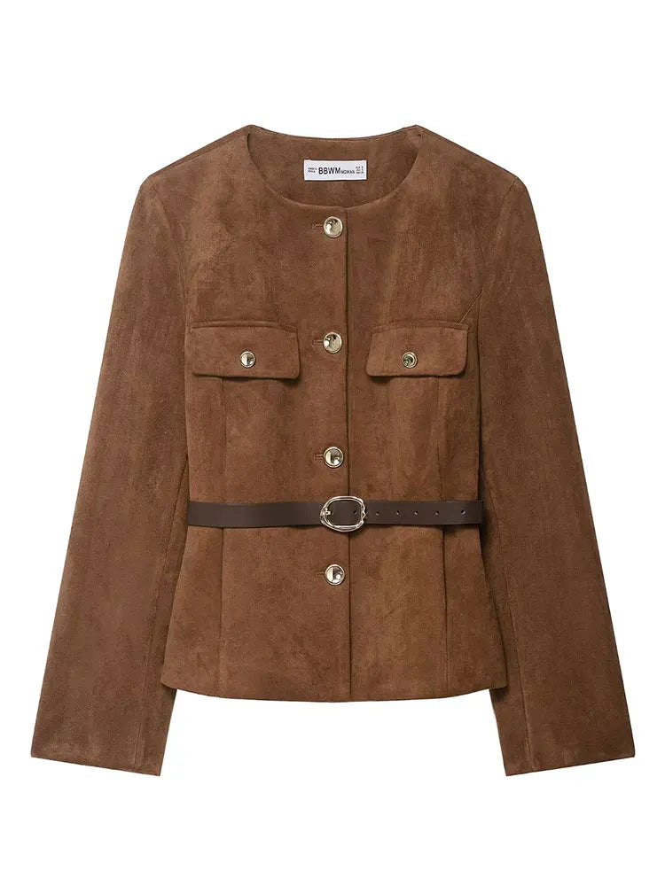 HH Women New Fashion Suede Blazer Coats O Neck Single Breasted Long Sleeve Belt Jacket Autumn Casual Female Y2K Streetwear