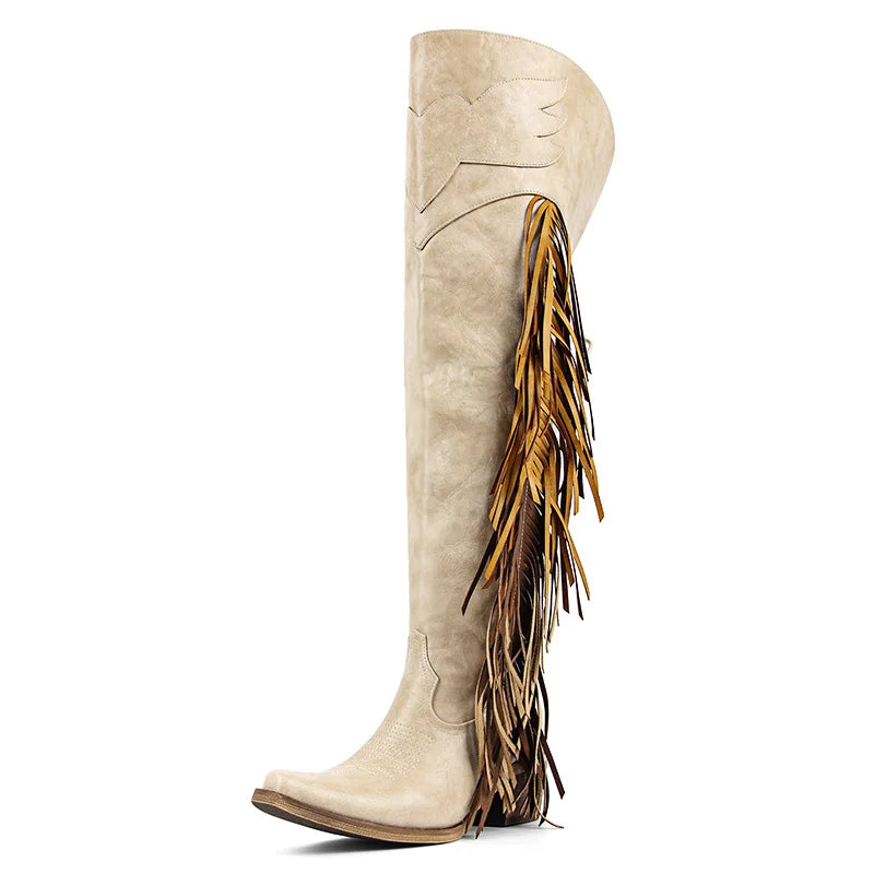 Onlymaker Women Pointed Toe Side Zipper Fringe Western Cowgirl Boots Chunky Heel Adjustable Thigh High Cowgirl Boot