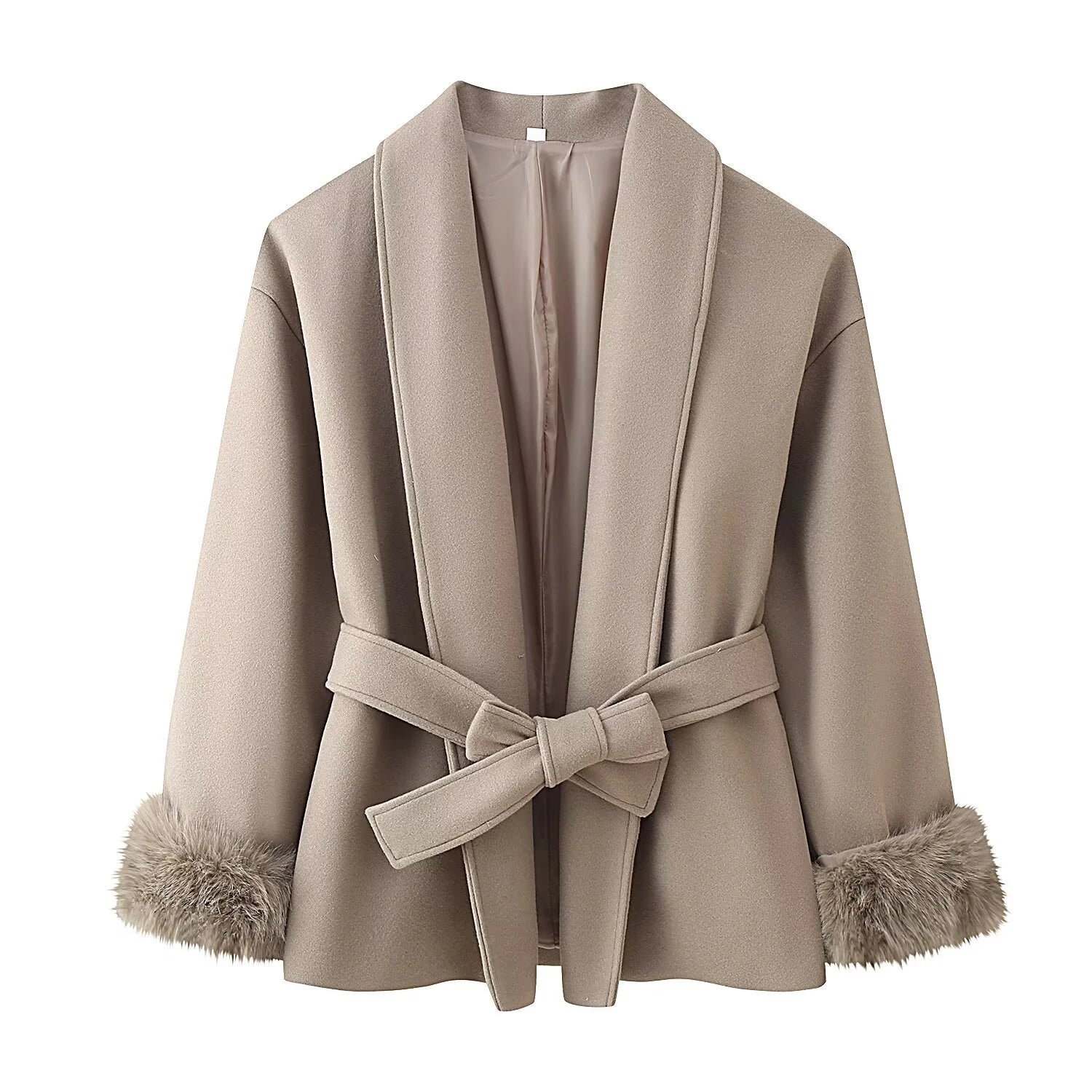 American style spicy girl loose fit slimming strap hairy sleeve woolen coat sweet cool casual versatile solid color top