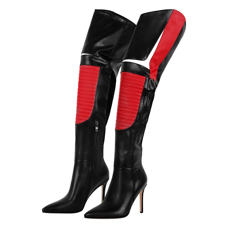 Onlymaker Women Pointed Toe Red Patchwork Over The Knee Sexy Thigh High Boots 10CM Thin Heel Side Zipper Winnter Boots