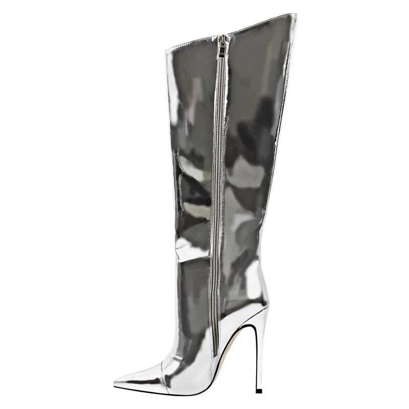 Onlymaker Women Metallic Sliver Leather Stiletto Knee High Boots Fashion Party Dress Thin Heels Winter Boots