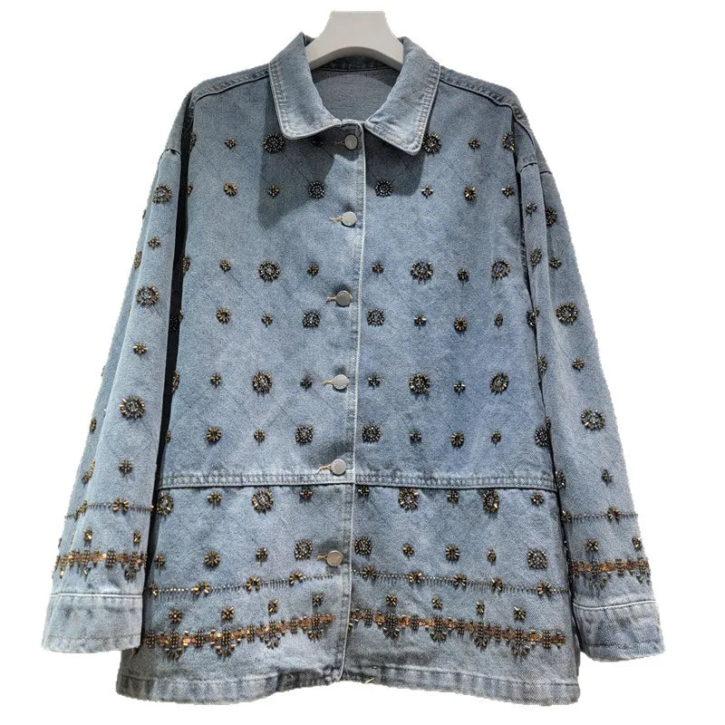 2026 Jeans Jacket Spring New Fashion Design Heavy Beaded Jacket For Women High Street Style Loose Denim Coat Female Trendy 11A08684