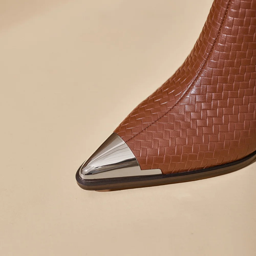 Handmade Genuine Leather Style Metal Head Anti-Collision Women's Shoe Deep Mouth Pointed Toe High Heels Seasonal