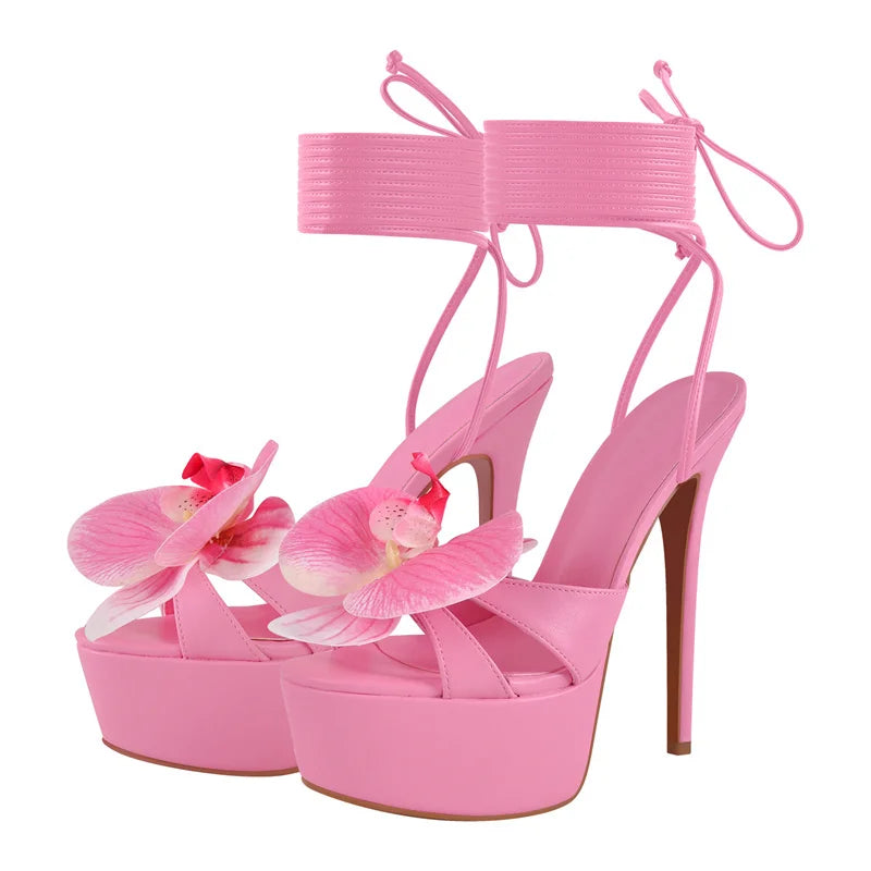 Women Flower Open Toe Pink Platform High Heeled Big Size Women Lace Up Stiletto Sexy Summer Sandals