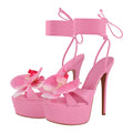 Women Flower Open Toe Pink Platform High Heeled Big Size Women Lace Up Stiletto Sexy Summer Sandals
