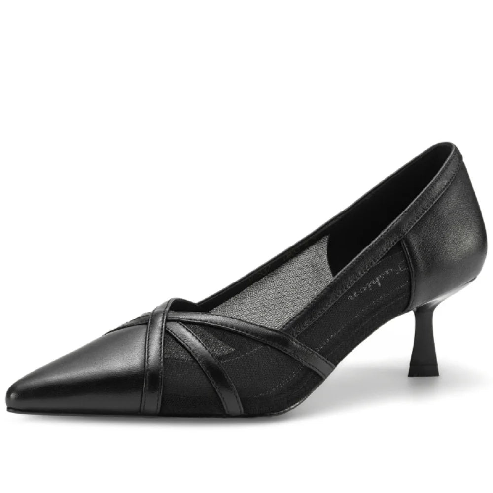 New Women Handmade Genuine Leather Breathable mesh fabric High Heels Elegant Pointed Toe Casual Shoes 34-40