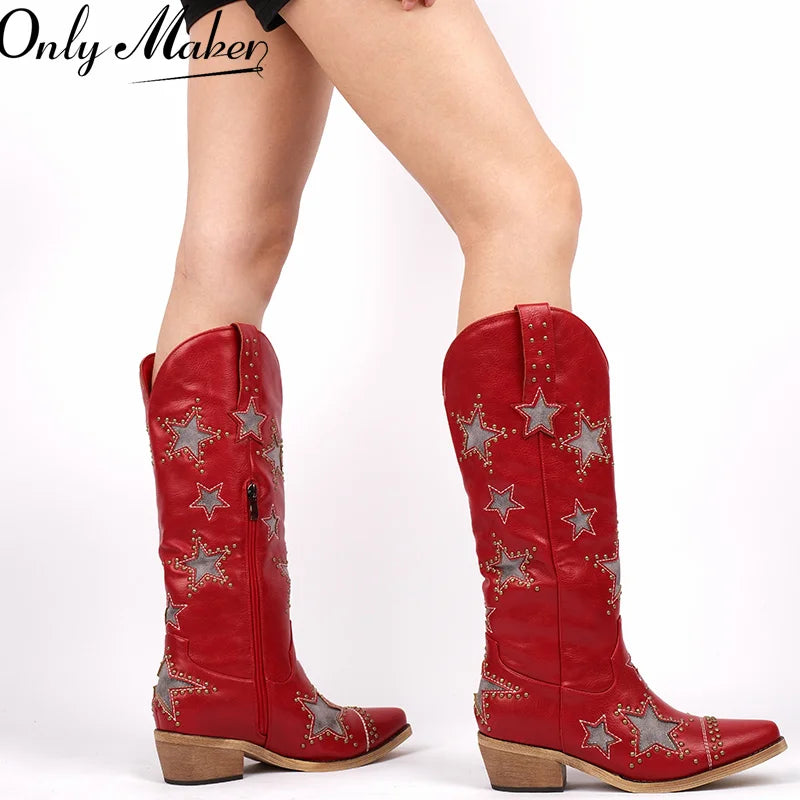 Onlymaker Women Embroidery Star Western Cowgirl Boots Pointed Toe Side Zipper Knee High with Chunky Heel  Boots