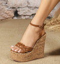 Brown Wood-grain Wedge heels Sandals Women High Heels Shoes