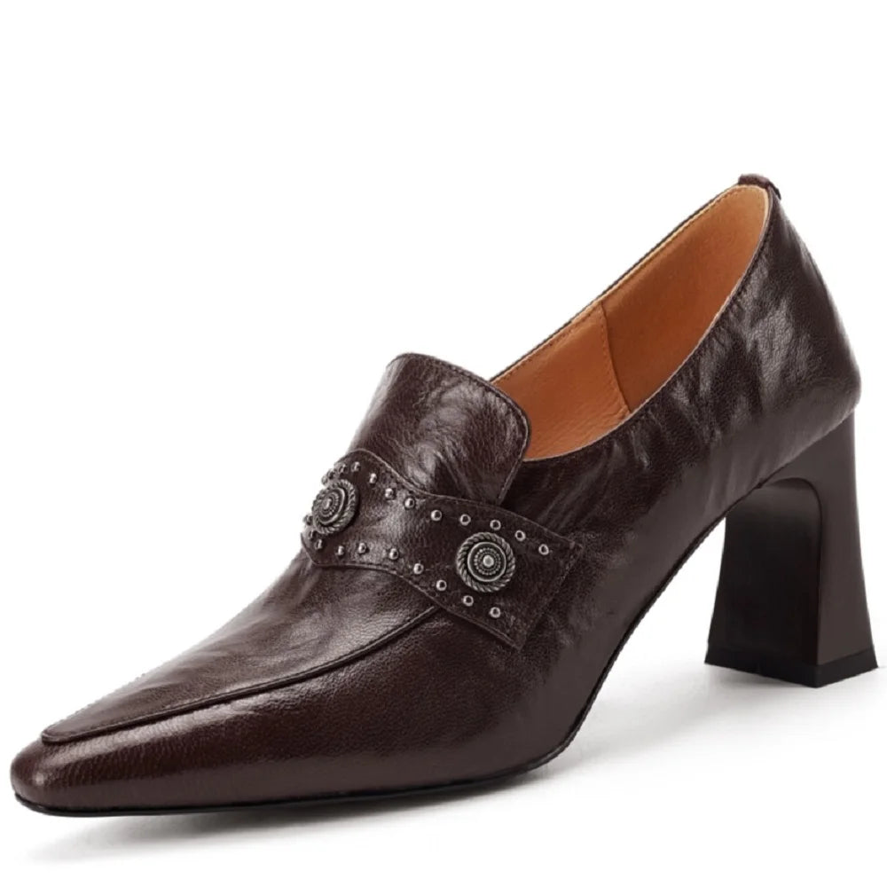 Women Handmade Genuine Leather Soft and comfortable Pointed Toe Chunky Belt Buckle High Heel Shoes 34-40