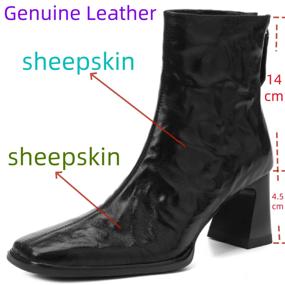 Women's genuine leather square toe back zip ankle boots elegant ladies thick high heel daily dress slim 33-40