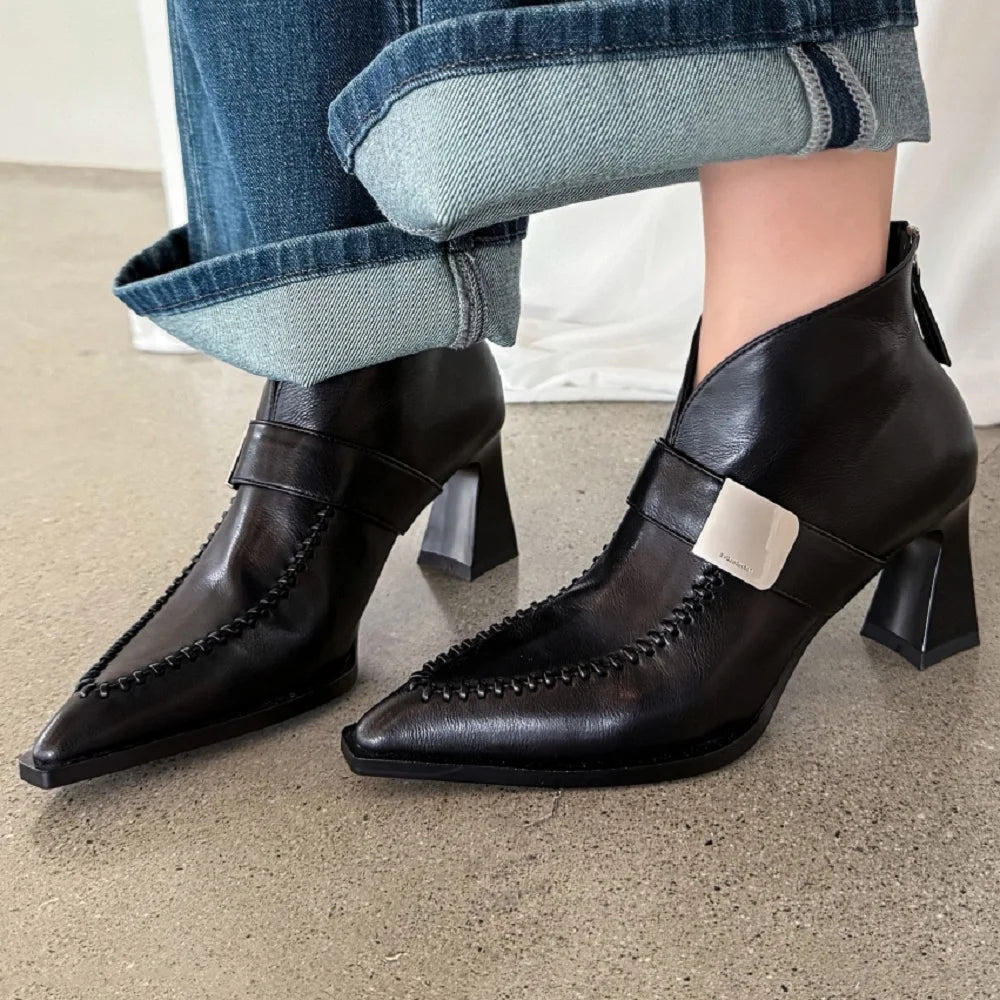 New Handmade Genuine Leather Soft and comfortable Pointed Toe Boots Chunky High Heels Shoes Ankle Boots 33-40
