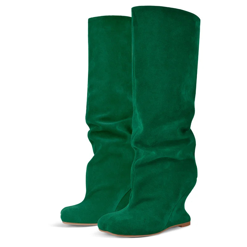 Onlymaker Women Peep Toe Wedge Flock Fashion Chunky Boots