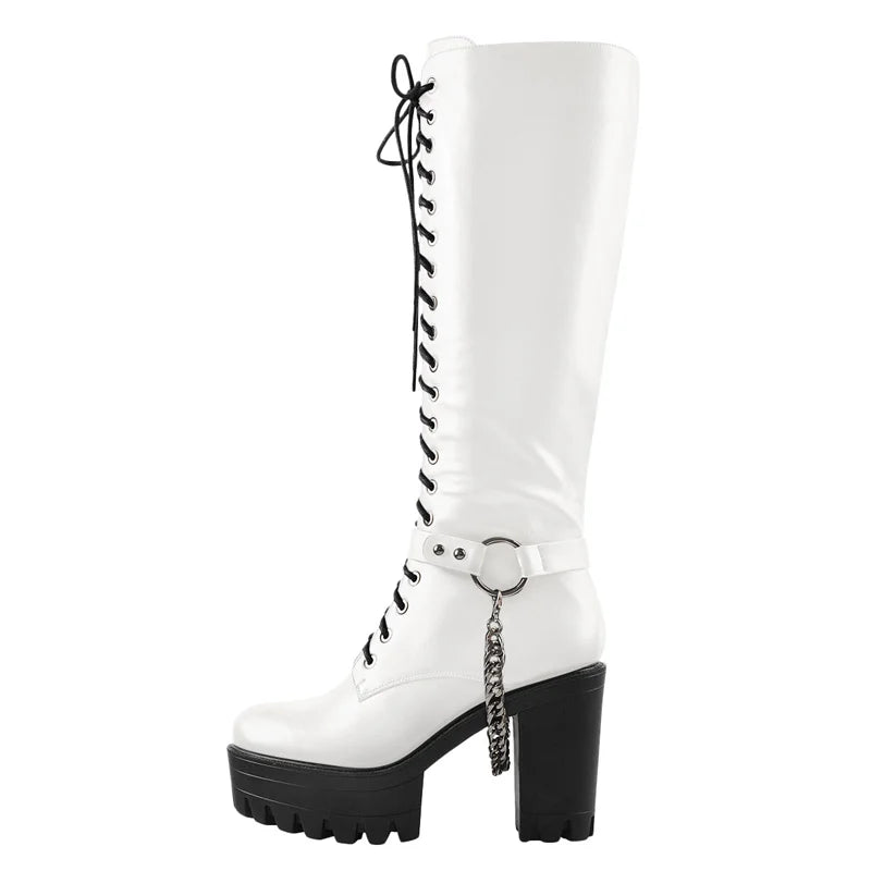Onlymaker Women Black Matte Platform Front Lace-Up Side Zip Knee High Boots Lady Fashion Classic Big Size Winter Boots