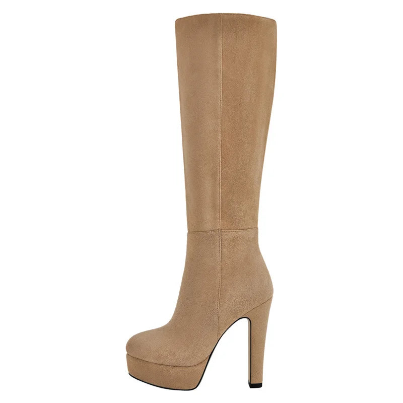 Onlymaker Women Round Toe Wide Calf Platform Knee High Boots Chunky Heel With Side Zipper Concise Tall Modern Boots