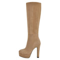 Onlymaker Women Round Toe Wide Calf Platform Knee High Boots Chunky Heel With Side Zipper Concise Tall Modern Boots