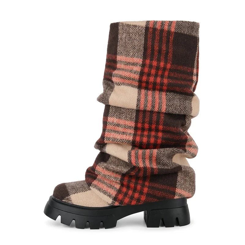 Onlymaker Women Platform  Pleated Fold Over Boots Round Toe Handmade Female Fashion Mid-Calf Boots