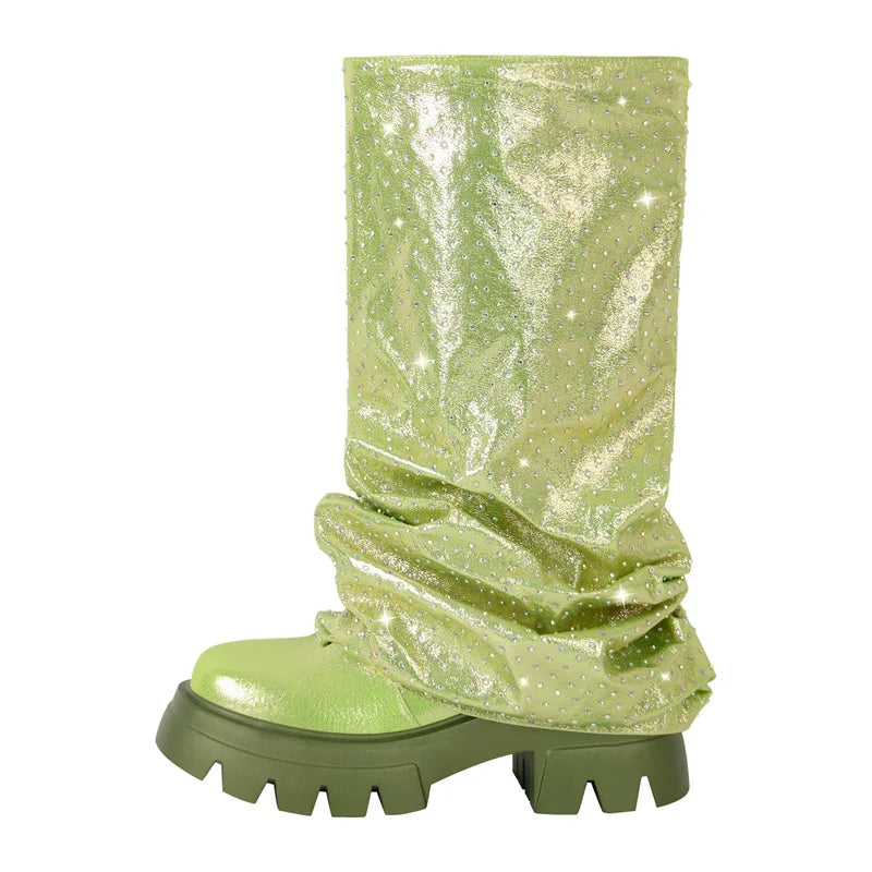 Women  Round Toe Fold Over Mid-Calf Webs Handmade Female Fashion  Pull On Slouch Boots