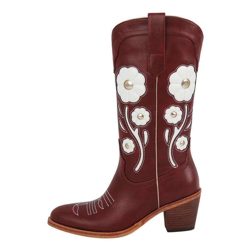 Onlymaker Women Pointed Toe Mid-Calf Boots  Western Flower Cowgirl Boots Comfy Pull-ON Big Size Cowboy Boots